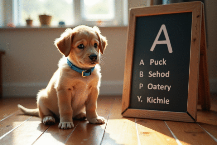 Chiot mâle adorable avec collier bleu sur le sol en bois