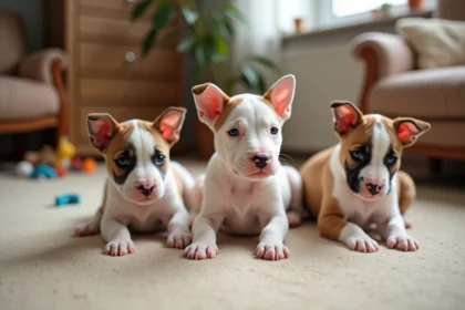 Jeune portée de chiots bull terrier dans un salon chaleureux