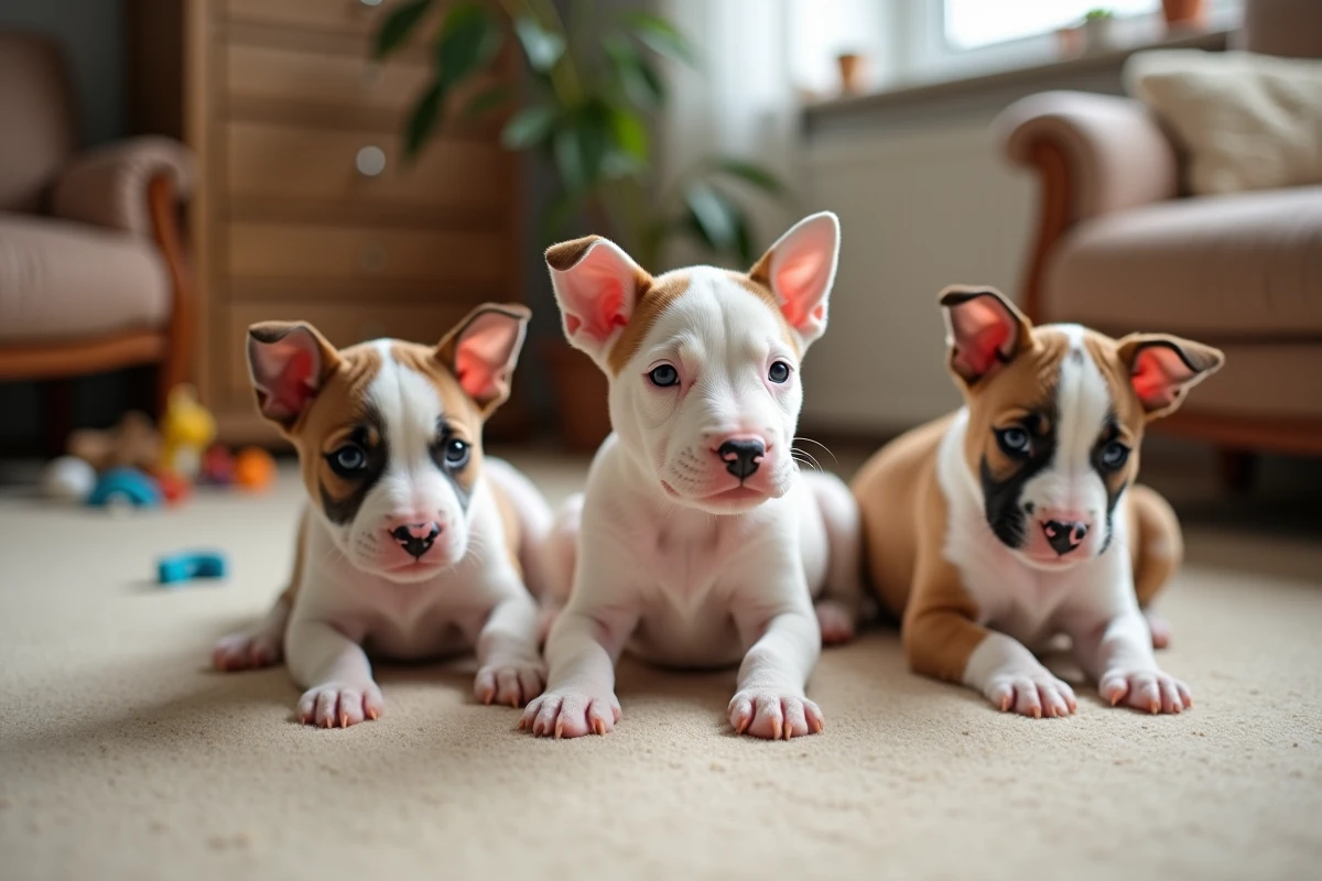 Jeune portée de chiots bull terrier dans un salon chaleureux