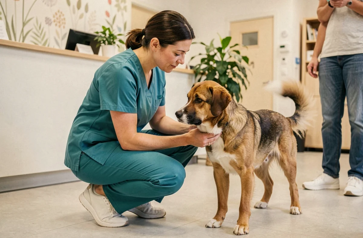 Vétérinaire en tenue teal interagissant avec un chien à la Clinique Vétérinaire De La Genette à La Rochelle
