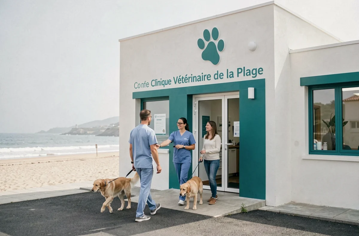 Façade de la Clinique Vétérinaire de la Plage avec vue sur la côte atlantique et un golden retriever à l'entrée