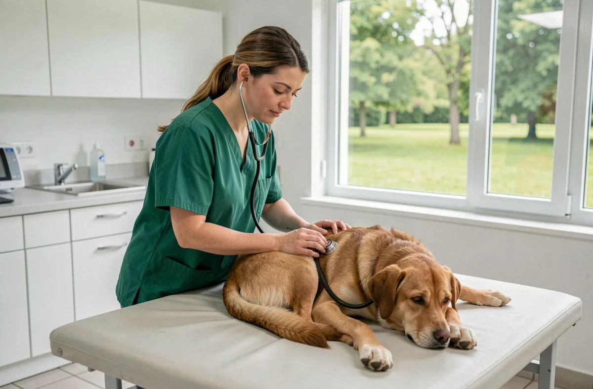 Vétérinaire ausculant un chien dans la salle lumineuse de la Clinique Vétérinaire du Parc à Saintes