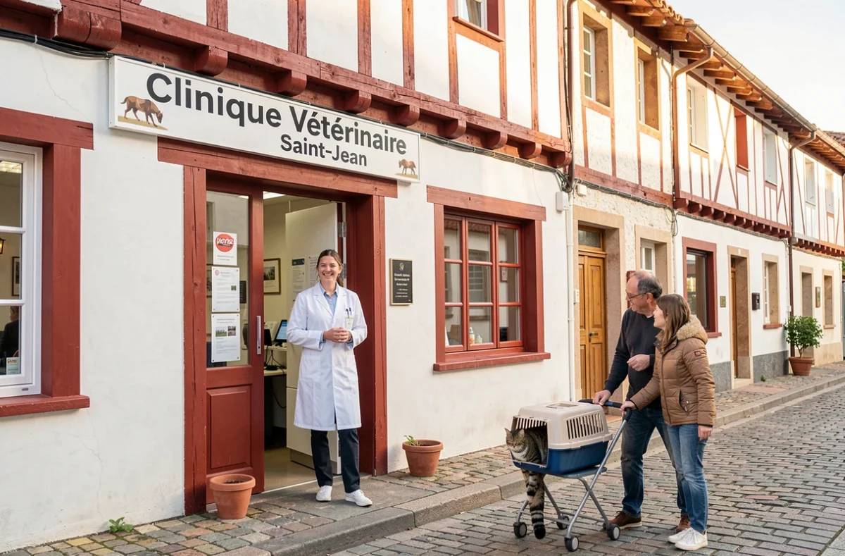 Clinique Vétérinaire Saint-Jean avec son architecture basque traditionnelle et une famille arrivant avec un chat