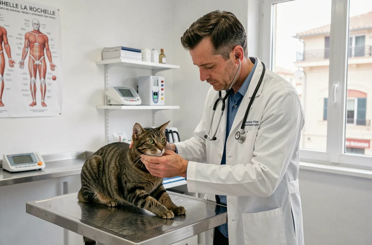 Vétérinaire examinant un chat tigré dans la salle de consultation de la Clinique Vétérinaire Saint-Roch à La Rochelle