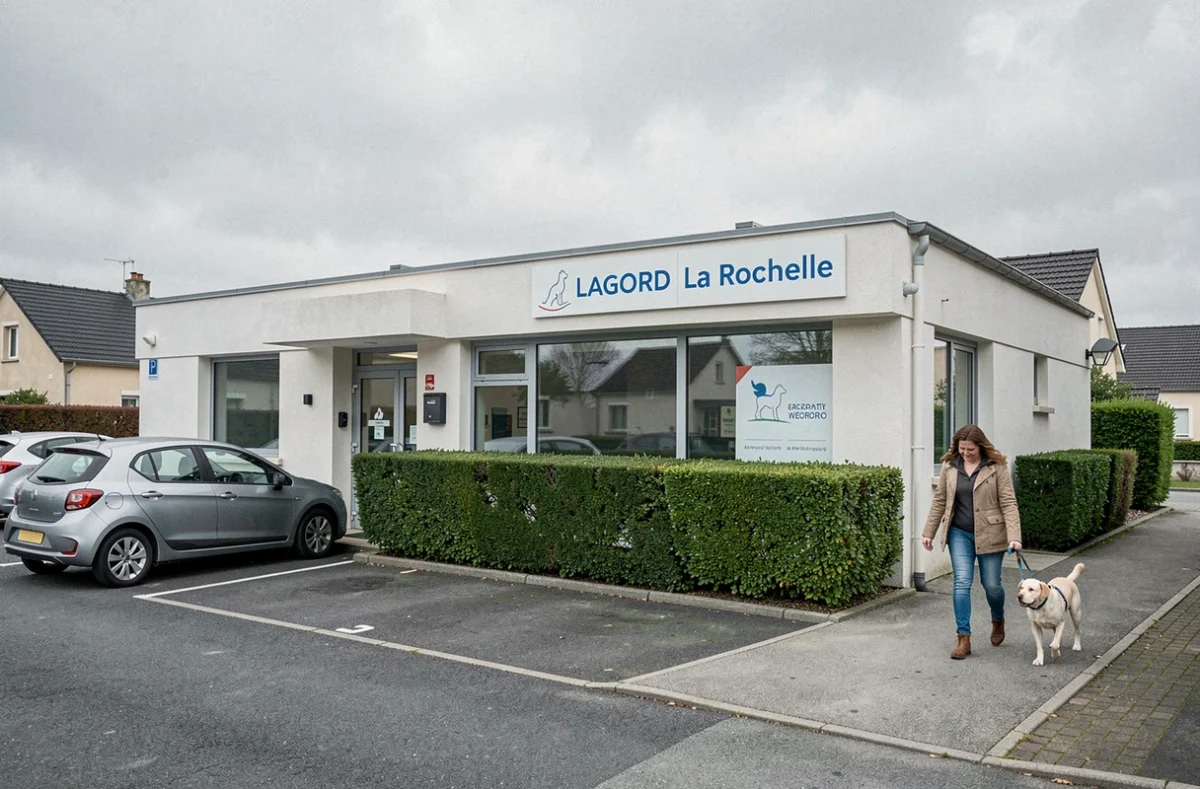 Façade extérieure de la Clinique Vétérinaire Vendôme à Lagord avec des propriétaires et leur chien à l'entrée