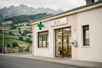 Vue extérieure d'une clinique vétérinaire dans les Pyrénées-Atlantiques avec la campagne basque en arrière-plan
