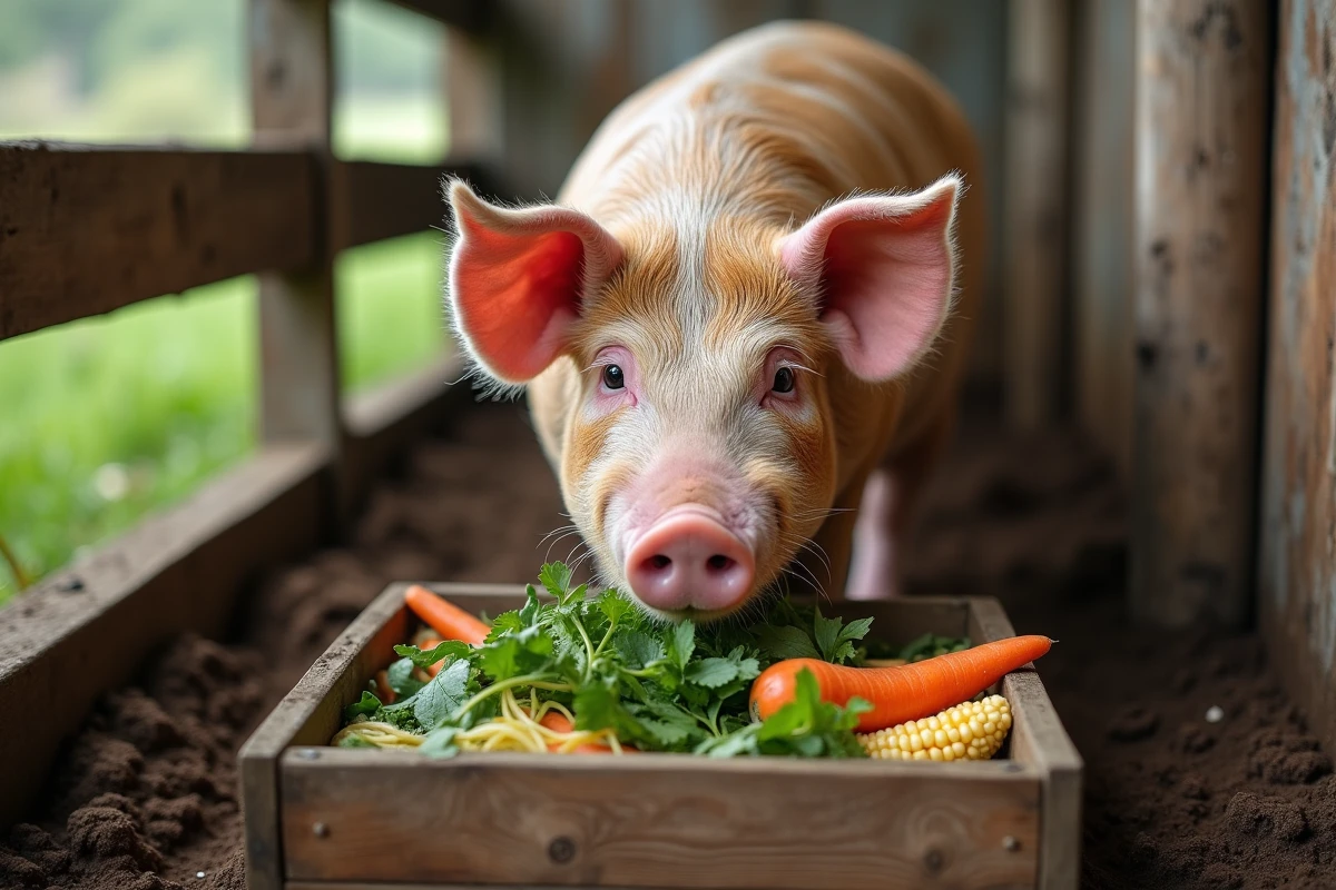 Cochon domestique mangeant des légumes frais dans un auge en bois dans une ferme rustique