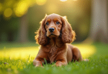 Cocker spaniel assis dans un parc ensoleille avec regard expressif