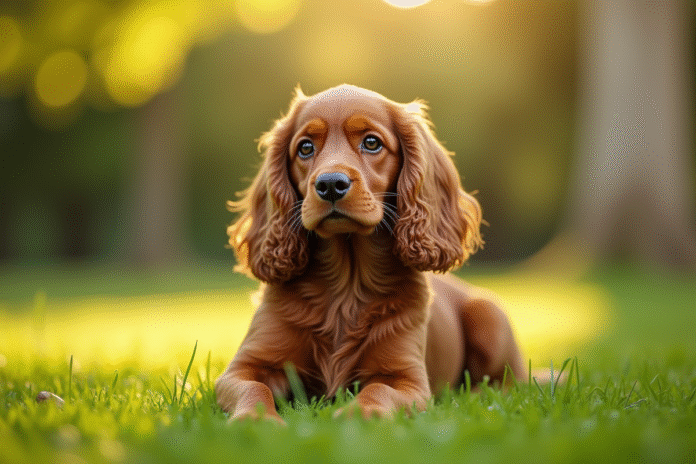 Cocker spaniel assis dans un parc ensoleille avec regard expressif