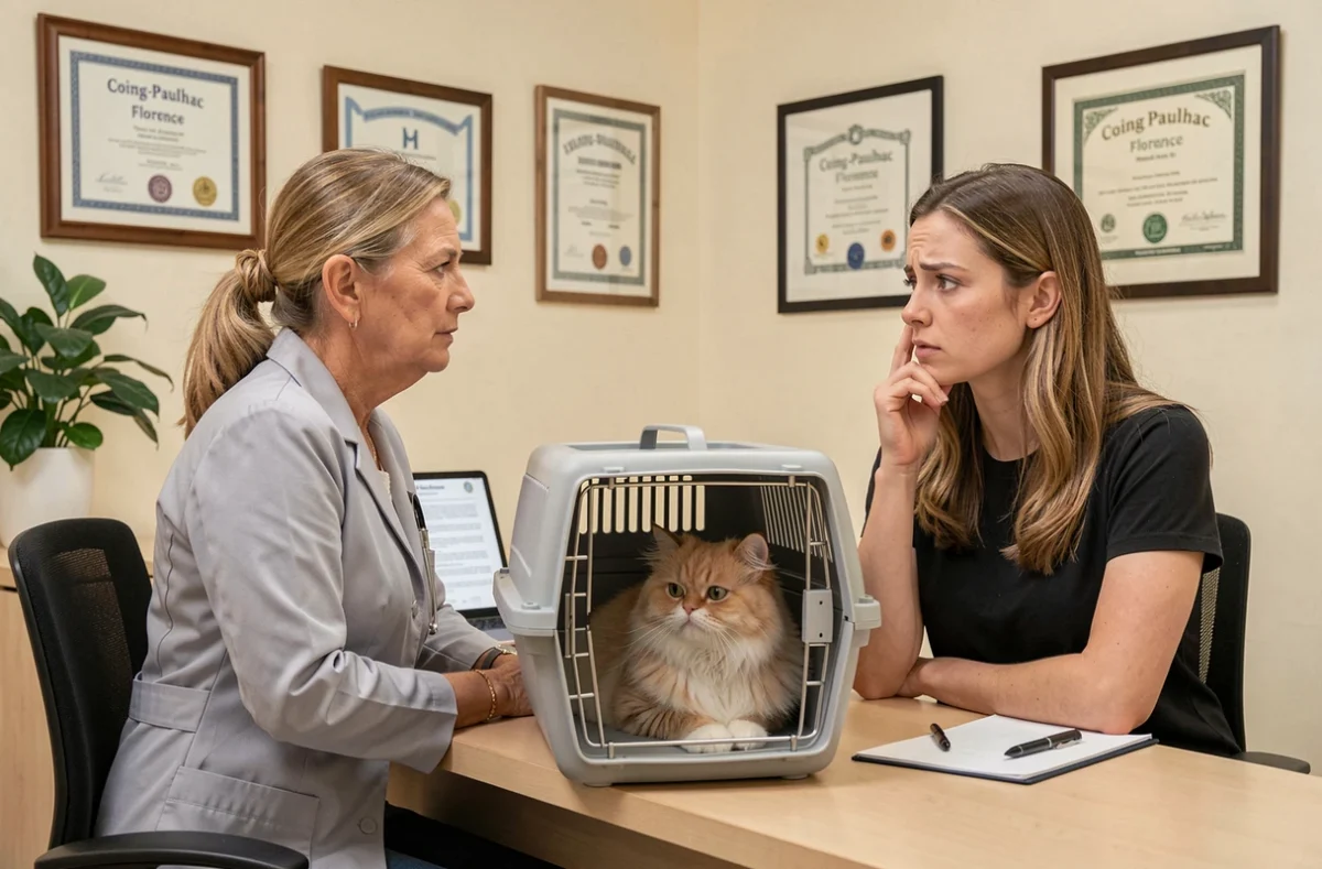 La vétérinaire Florence Coing-Paulhac en consultation avec un propriétaire et un chat persan dans son cabinet