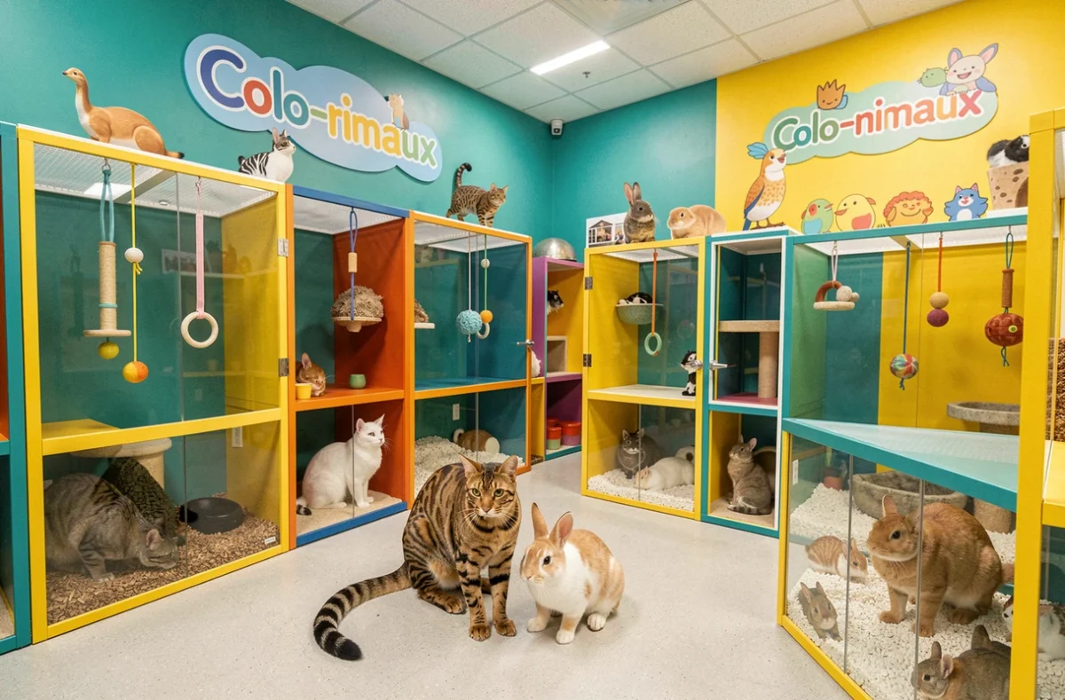 Un chat Bengal et un lapin dans les espaces colorés et bien aménagés de la pension multi-animaux Colo-nimaux