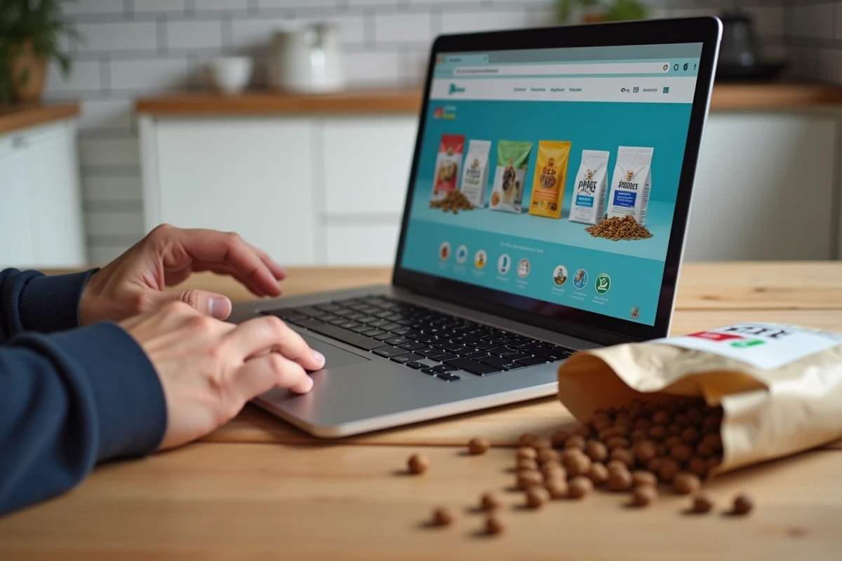 Homme comparant des croquettes pour animaux en ligne sur un ordinateur portable dans une cuisine moderne