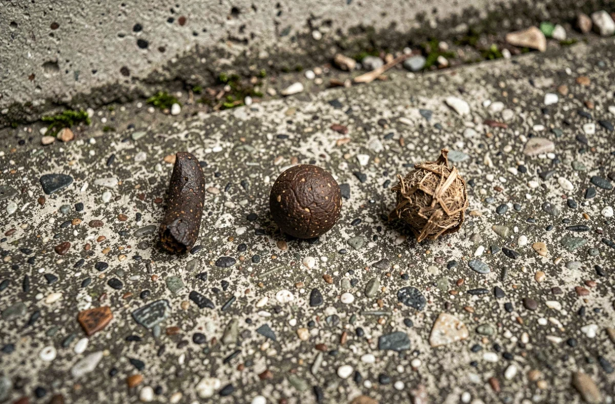 Comparaison de crottes d'animaux nocturnes sur béton urbain : rat, hérisson et chat errant identifiés côte à côte
