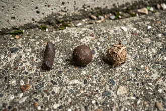 Comparaison de crottes d'animaux nocturnes sur béton urbain : rat, hérisson et chat errant identifiés côte à côte