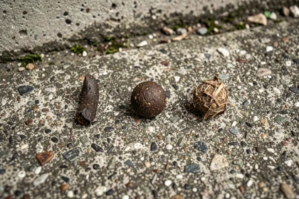 Comparaison de crottes d'animaux nocturnes sur béton urbain : rat, hérisson et chat errant identifiés côte à côte