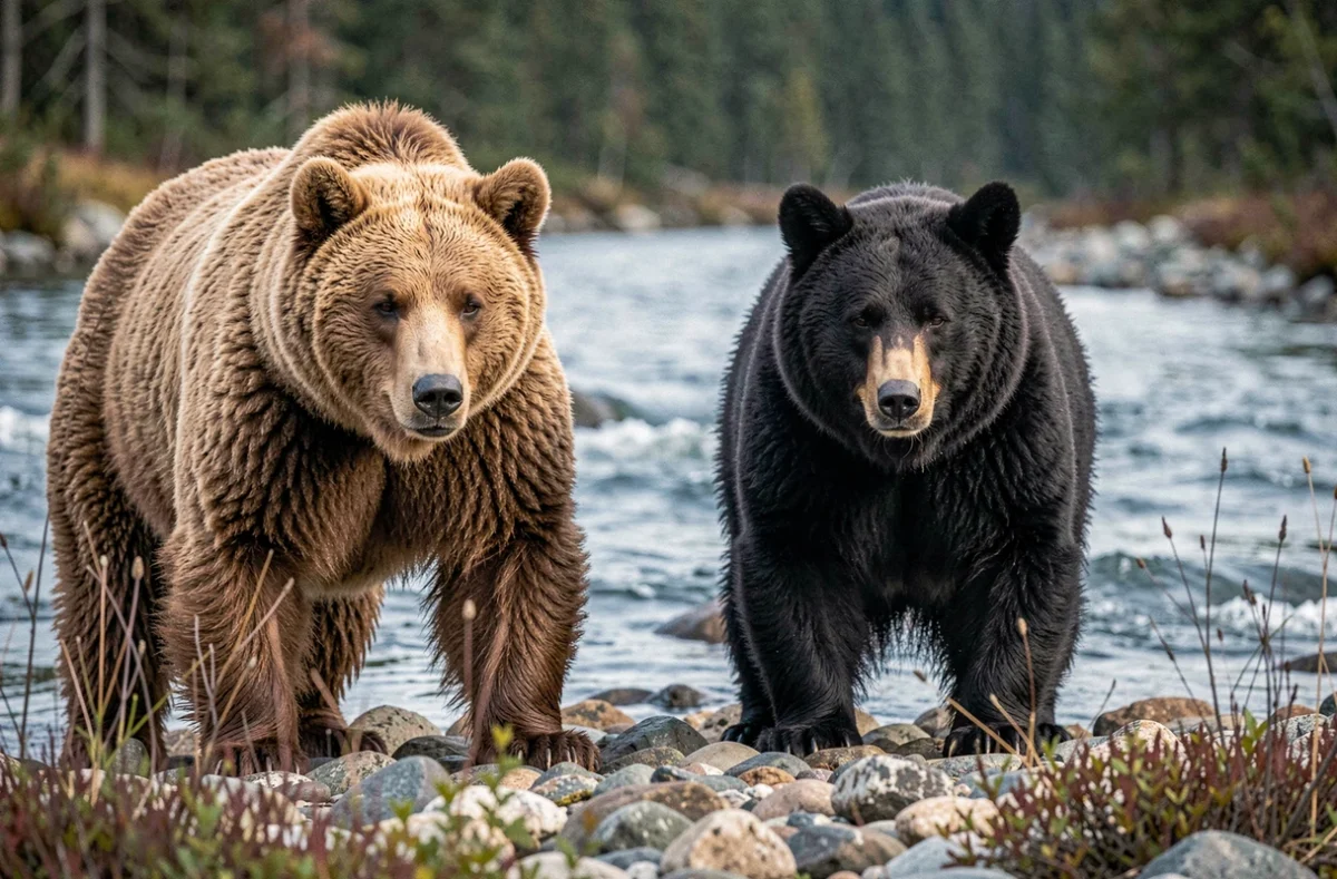 Comparaison côte à côte d'un grizzly et d'un ours noir au bord d'une rivière en forêt boréale, mettant en évidence leurs différences physiques