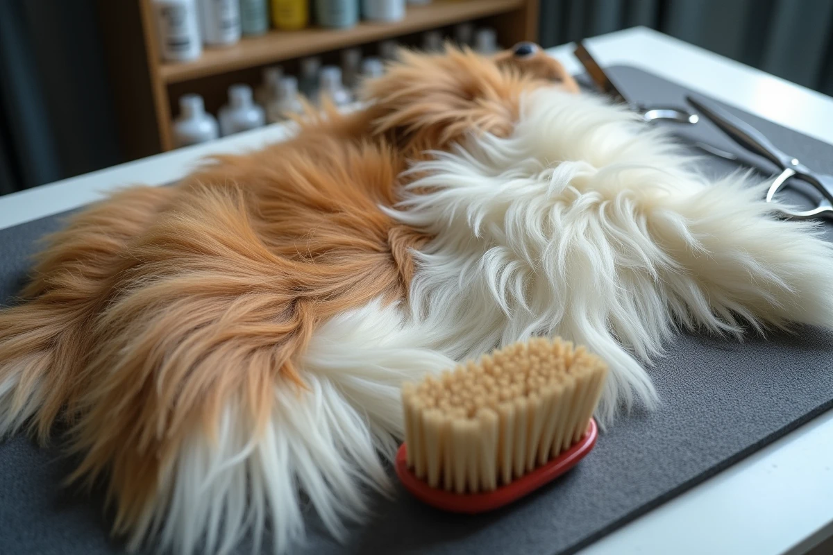 Gros plan comparatif sur le pelage d'un Collie montrant une zone bien brossée et une zone emmêlée