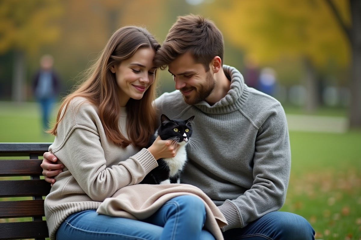 Jeune couple avec chat noir et blanc dans un parc