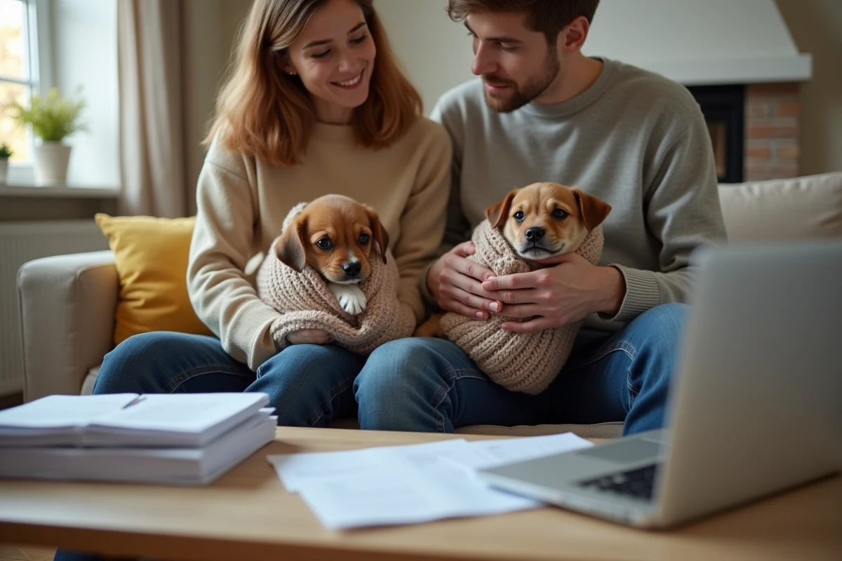 Jeune couple avec chien et documents dans un salon moderne