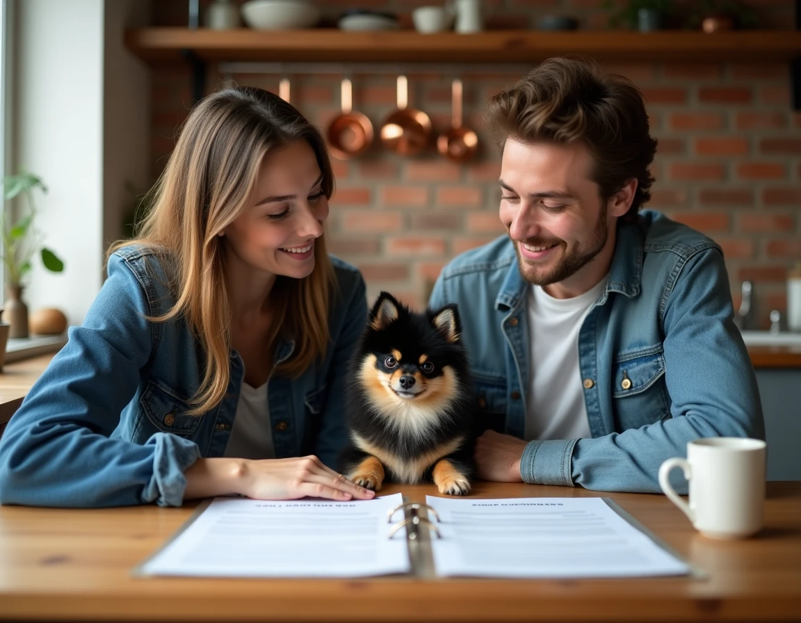 Couple étudiant un contrat d'assurance pour leur spitz poméranien noir et feu assis sur la table de leur cuisine