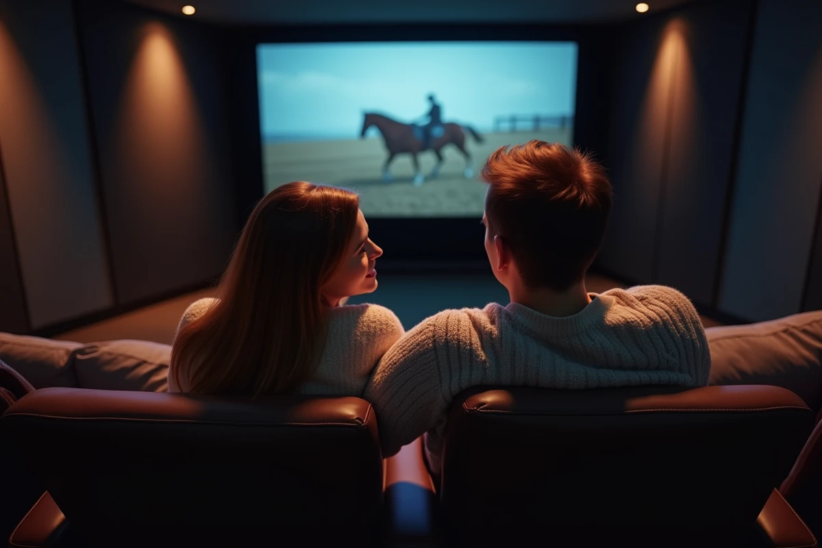 Couple ému aux larmes regardant un film bouleversant sur les chevaux dans une salle de cinéma à domicile