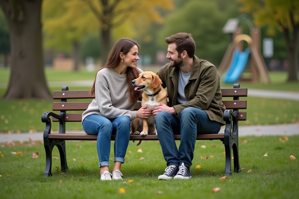 Jeune couple avec leur chien dans un parc verdoyant