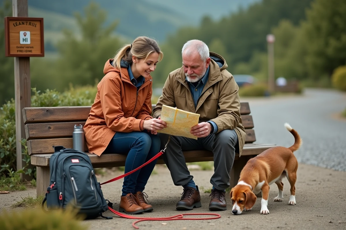 Couple de randonneurs planifiant une balade adaptée à leur beagle devant une carte de sentiers à un départ de randonnée