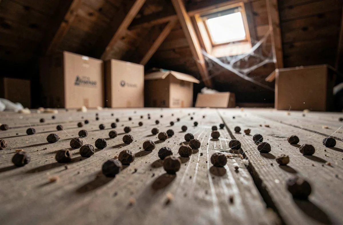 Crottes de fouine sur le plancher d'un grenier en bois, signe de présence de nuisibles dans une habitation