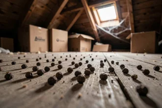 Crottes de fouine sur le plancher d'un grenier en bois, signe de présence de nuisibles dans une habitation