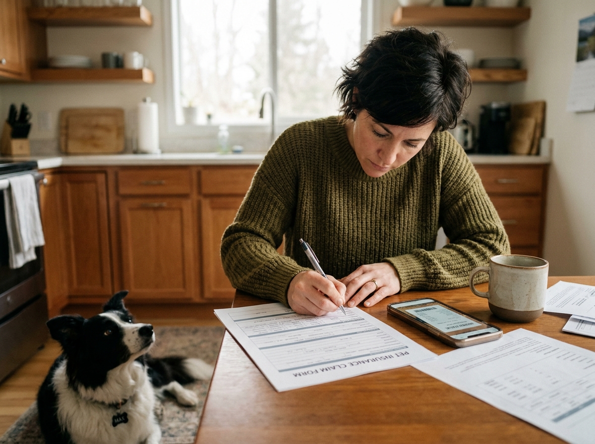 Femme remplissant un formulaire de déclaration de sinistre pour son chien border collie à domicile