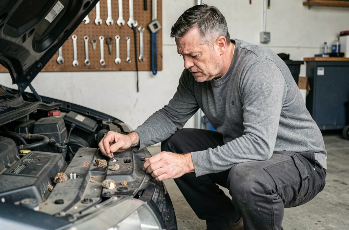 Homme inspecte des dégâts causés par une fouine sous le capot d'une voiture dans un garage résidentiel