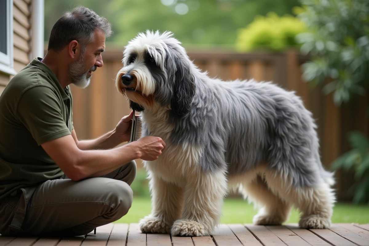 Propriétaire démêlant les nœuds dans le pelage épais d'un Bobtail dans un jardin
