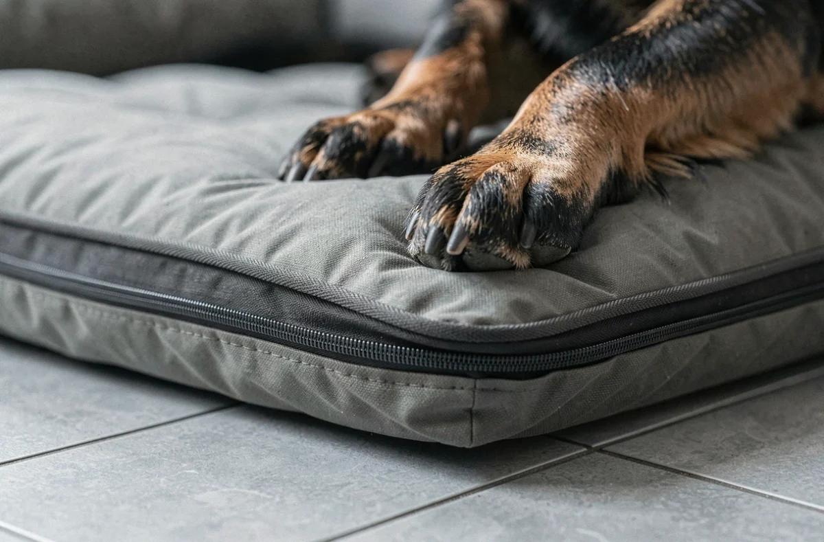 Gros plan sur les coutures renforcées d'un coussin pour chien résistant aux morsures avec patte de berger allemand
