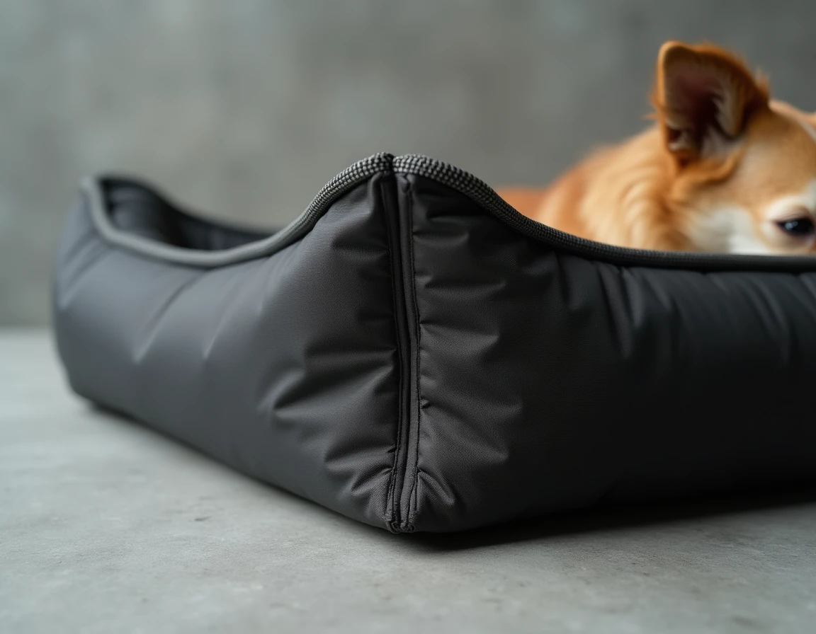 Gros plan sur les coutures renforcées et la base antidérapante d'un panier chien en nylon balistique ultra-résistant