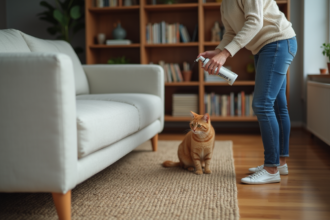 Femme appliquant un deterrent sur un canapé avec un chat orange