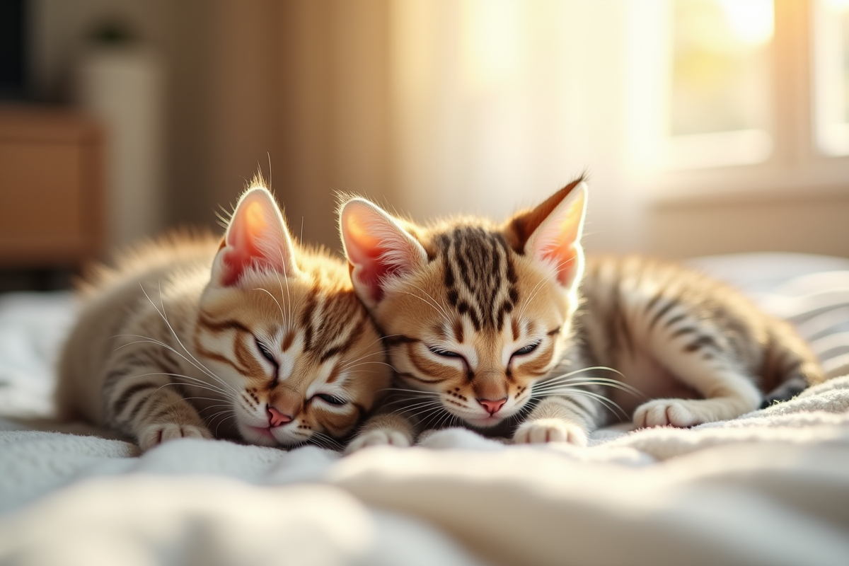 Deux chatons jouant sur une couverture ensoleillée