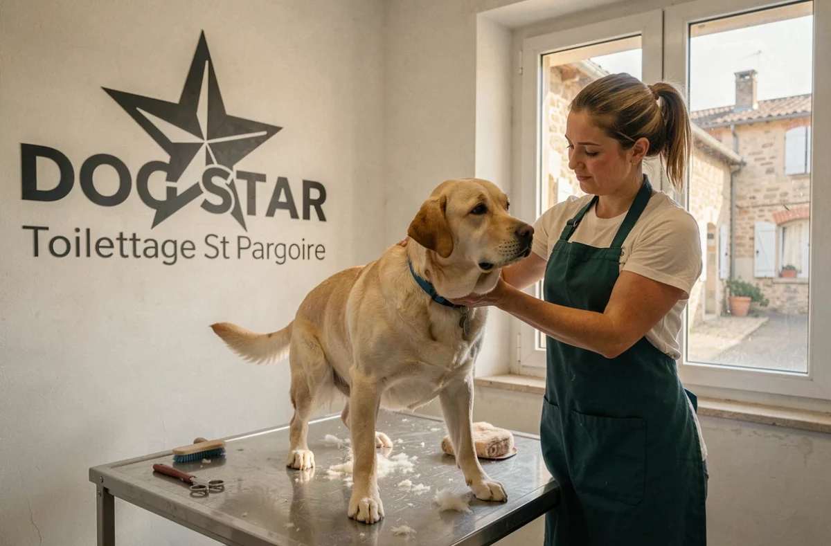 Toiletteuse soignant un labrador dans le studio professionnel DOG STAR Toilettage à Saint-Pargoire