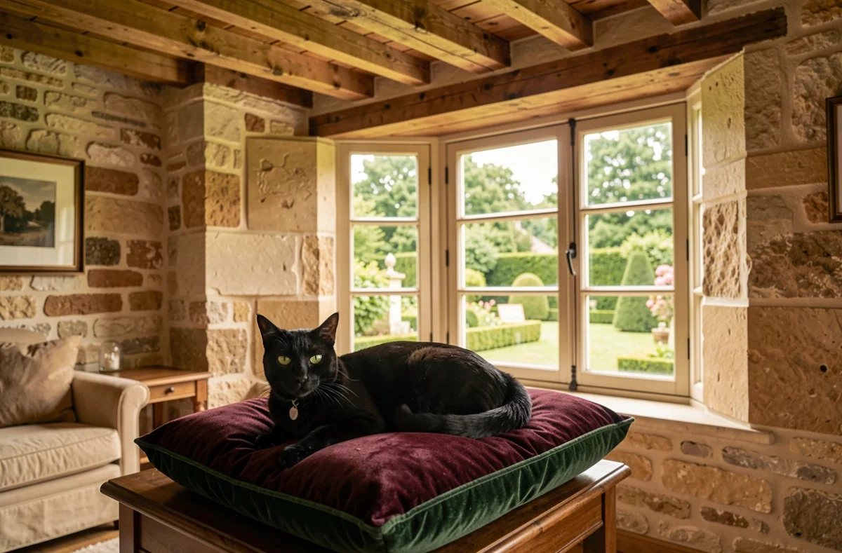 Un chat noir reposant sur un coussin en velours dans une chambre de style manoir au Domaine de Jappeloup