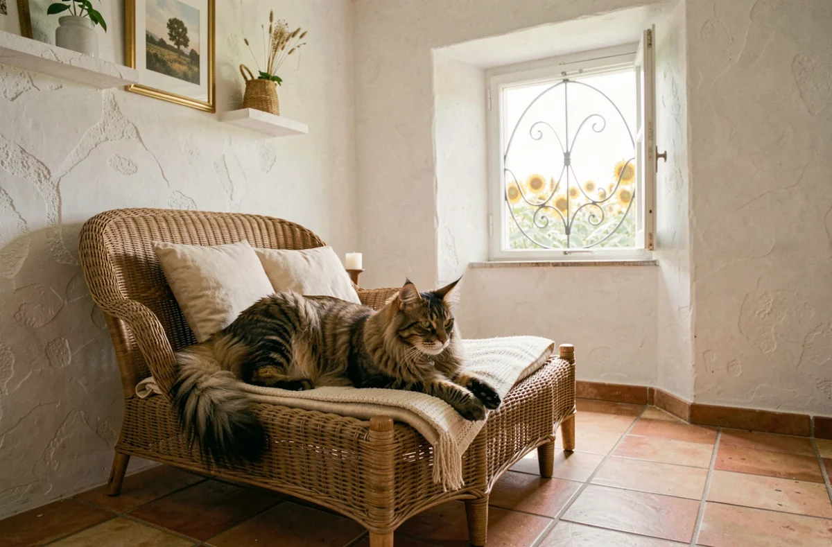 Un grand Maine Coon s'étirant dans une chambre provençale du Domaine d'Elma avec vue sur les champs