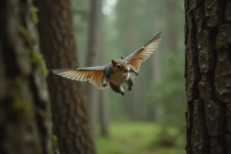 Écureuil volant en plein vol plané entre deux pins, membrane de vol déployée en forêt tempérée