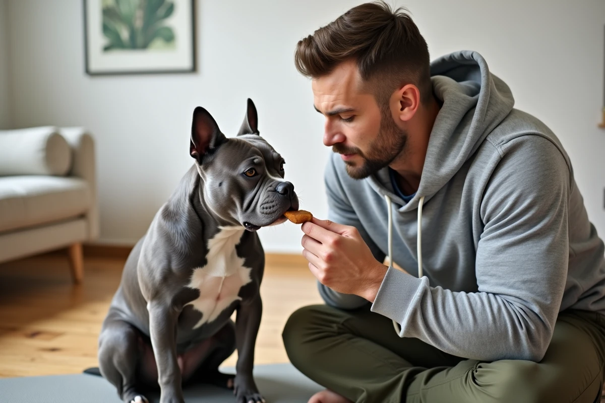 Homme en intérieur récompensant un Pocket American Bully gris avec une friandise lors d'une séance d'éducation