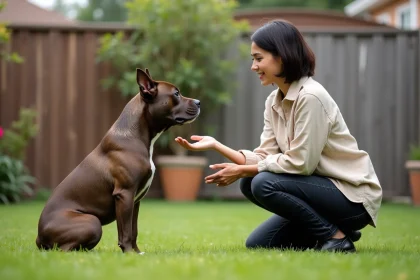 Femme entraînant un Pocket American Bully bringé dans un jardin avec méthode douce et renforcement positif