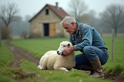 Éleveur francilien en salopette bleue examinant la toison d'un mouton blanc dans un pré en Île-de-France