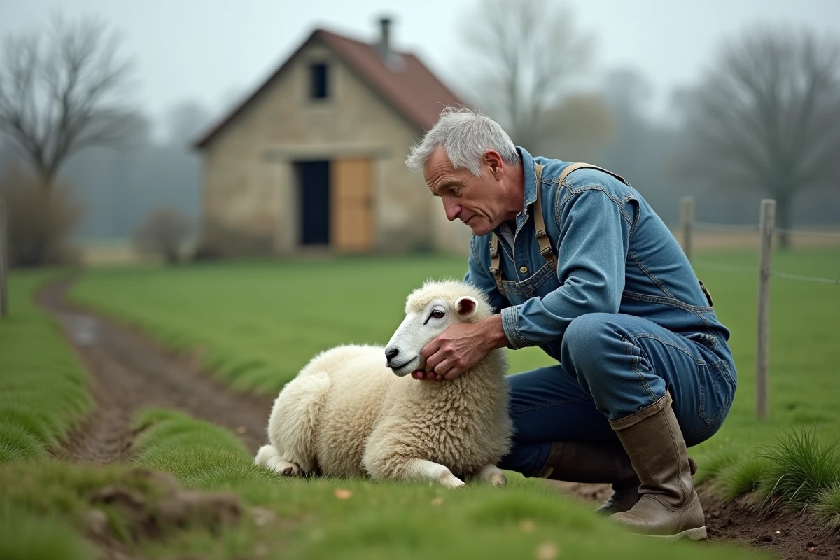 Éleveur francilien en salopette bleue examinant la toison d'un mouton blanc dans un pré en Île-de-France