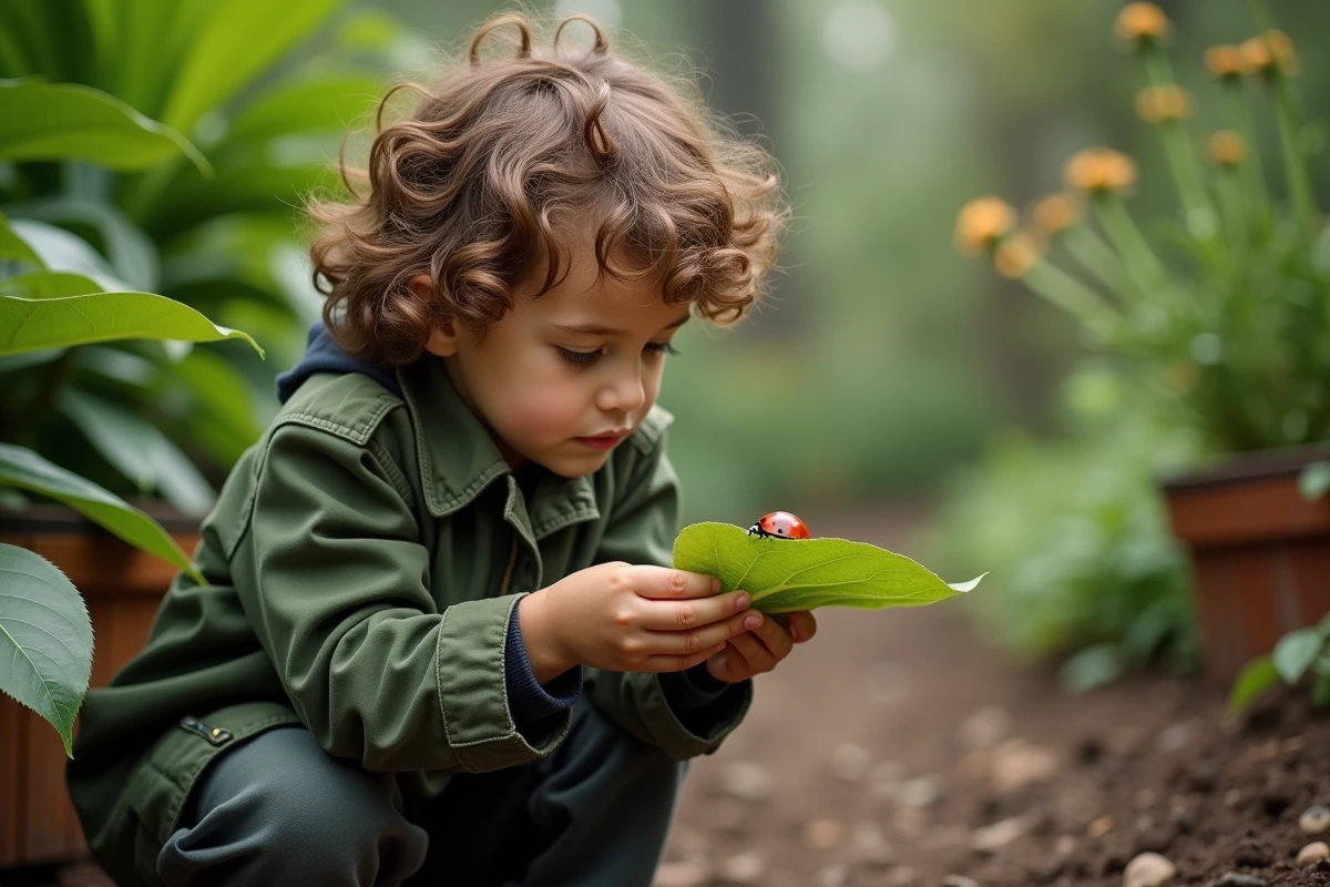 Enfant observant une coccinelle rouge sur une feuille verte dans un jardin, illustration pour dictionnaire visuel des insectes