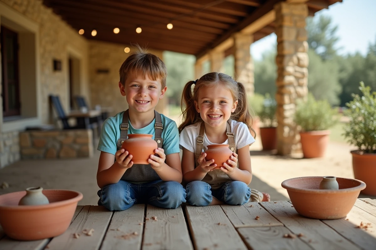 Enfants créant des pots en terre cuite à Arche de Méo