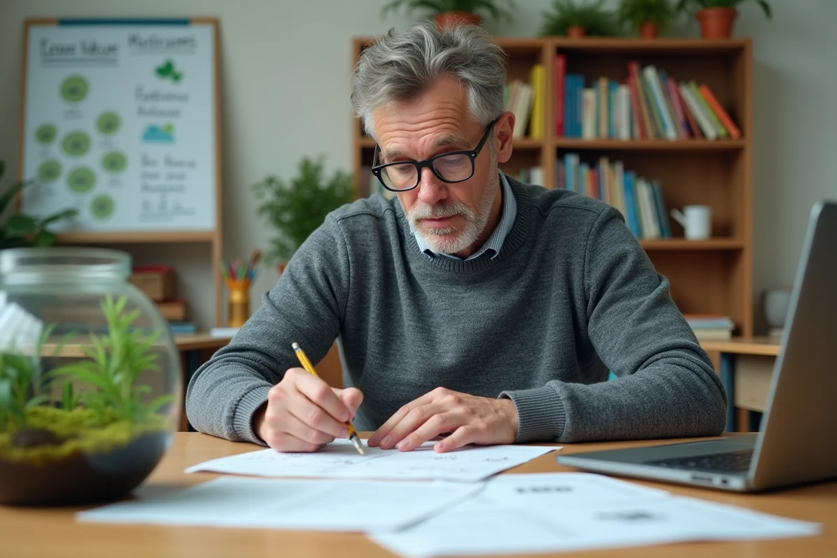 Enseignant préparant un support pédagogique sur le cycle de vie des têtards avec un terrarium aquatique en classe