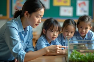 Enseignante montrant des têtards dans un aquarium de classe à des élèves curieux pour un projet pédagogique
