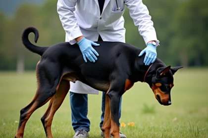 Vétérinaire examinant l'ergot d'un Beauceron adulte en plein air sur une prairie
