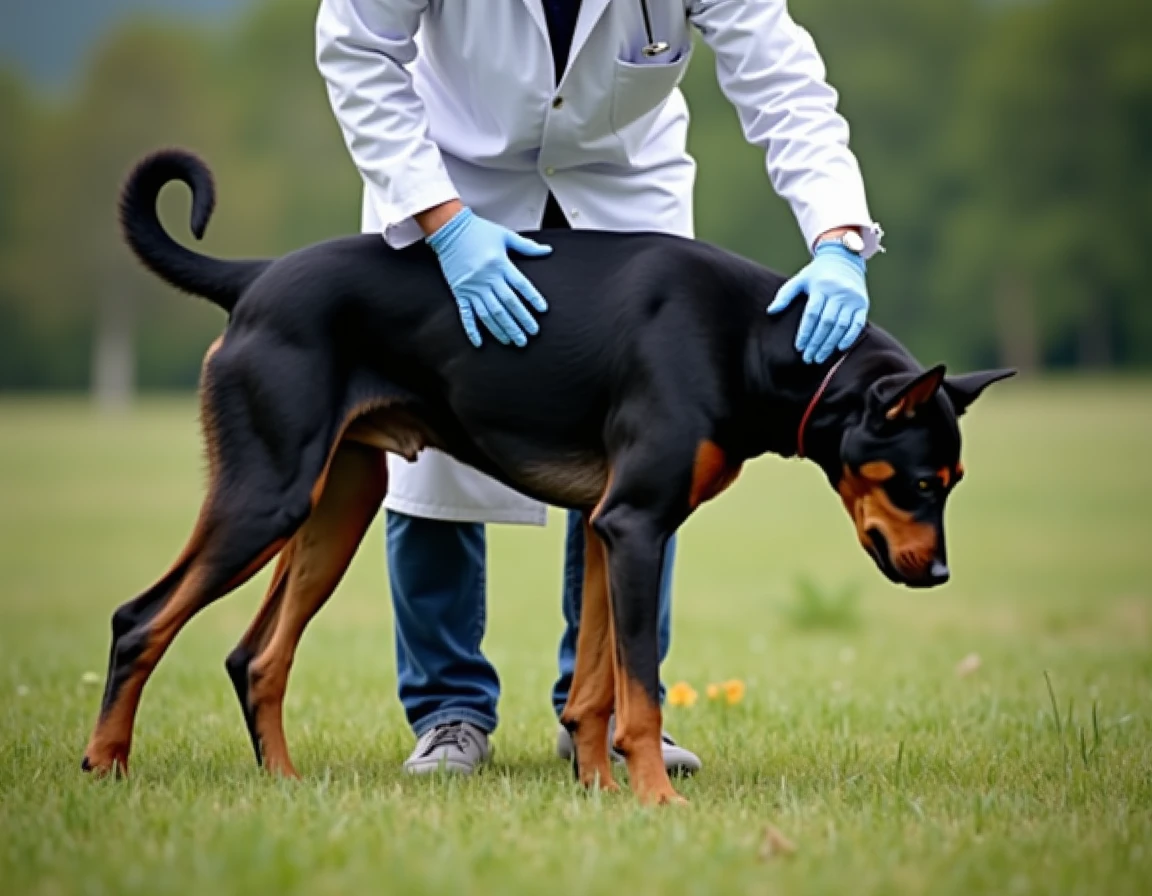 Vétérinaire examinant l'ergot d'un Beauceron adulte en plein air sur une prairie